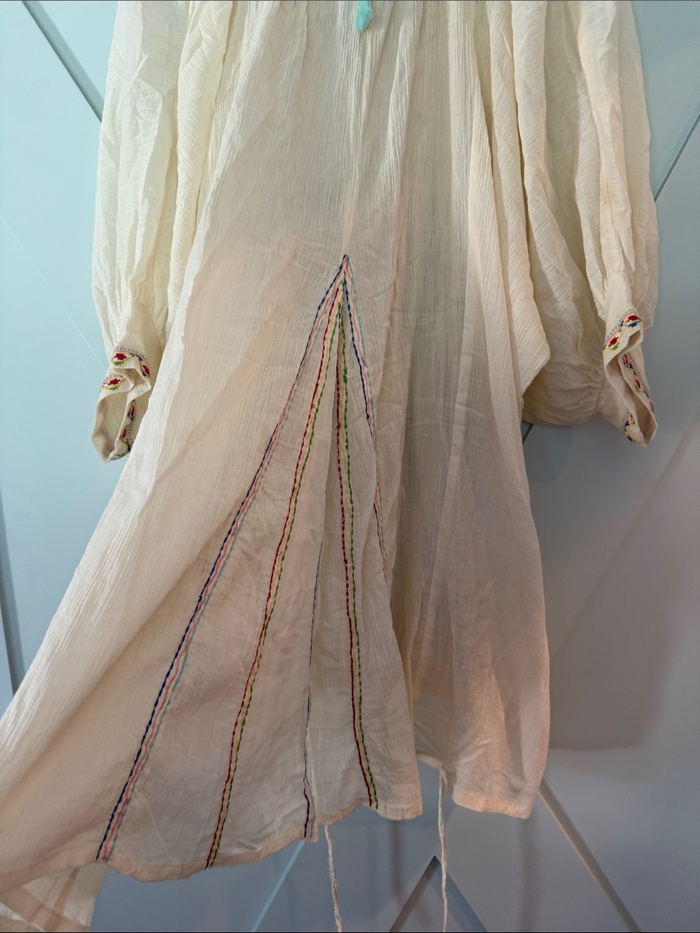 Woman’s Cream Embroidered Boho Tunic Dress with Colorful Bead Accents - Picture 6 of 6